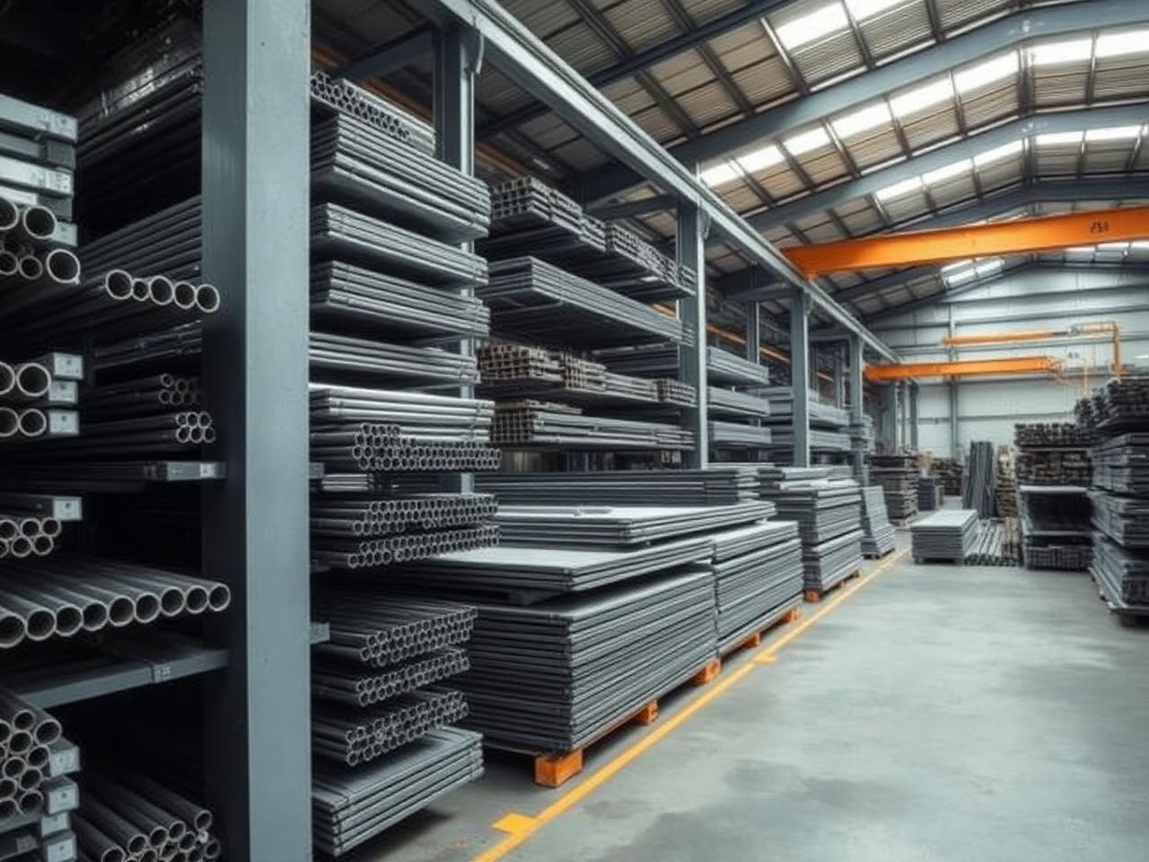Racks of steel pipes, plates and sections in a storage facility